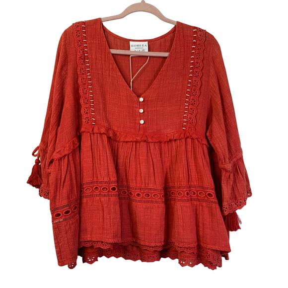 BOHERA Blouse XL Boho Shirred Ruffle Tiered Pinkilicious V-Neck Lace & Beads NWT - Picture 2 of 15